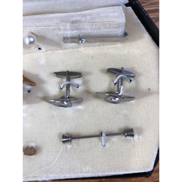 Vintage Stacy Cufflinks Tie Clips Set Mother Of Pearl Rhinestone Details Mens - Picture 8 of 16